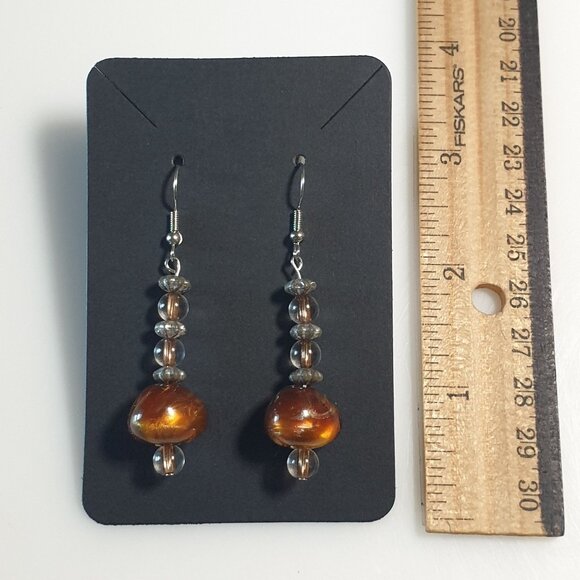 Glass Beaded Drop Earrings Dangle Hook Handcrafted Brown Round Beads Mom Gift - Picture 5 of 6